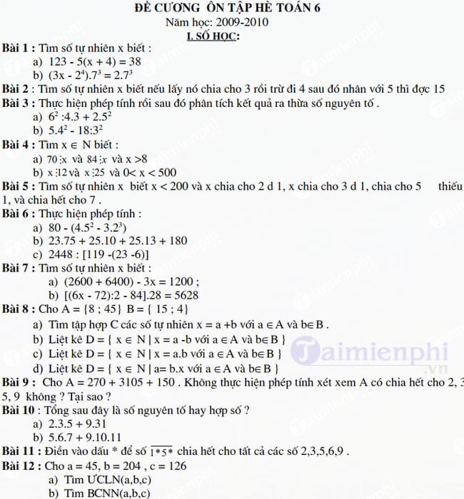 Đề cương ôn tập hè môn Toán cơ bản lớp 6