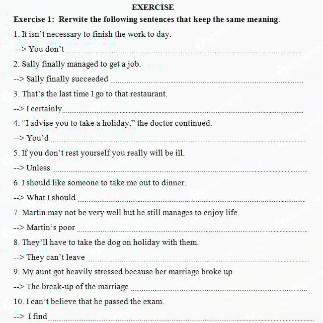 Bài tập viết lại câu Tiếng Anh lớp 9