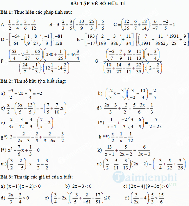 Bài tập về số hữu tỉ Toán lớp 7
