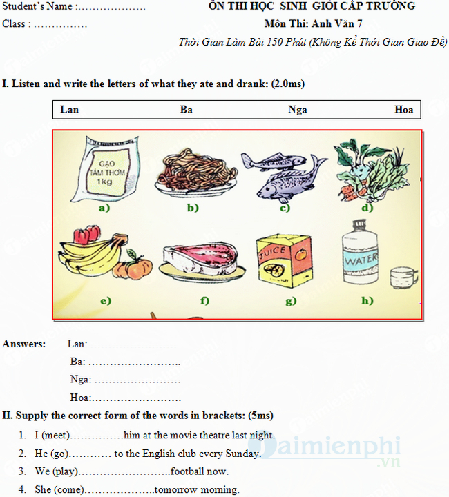 Bài tập ôn thi học sinh giỏi Tiếng Anh lớp 7