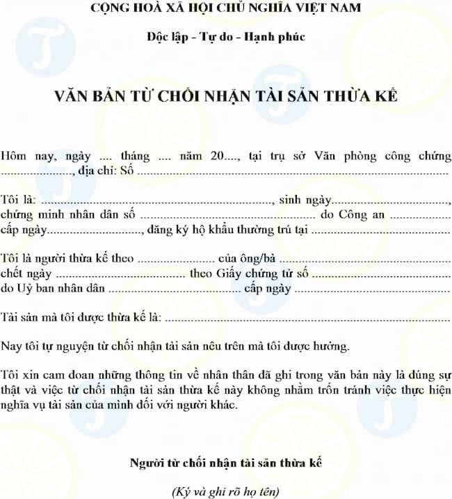 Mẫu văn bản từ chối nhận di sản