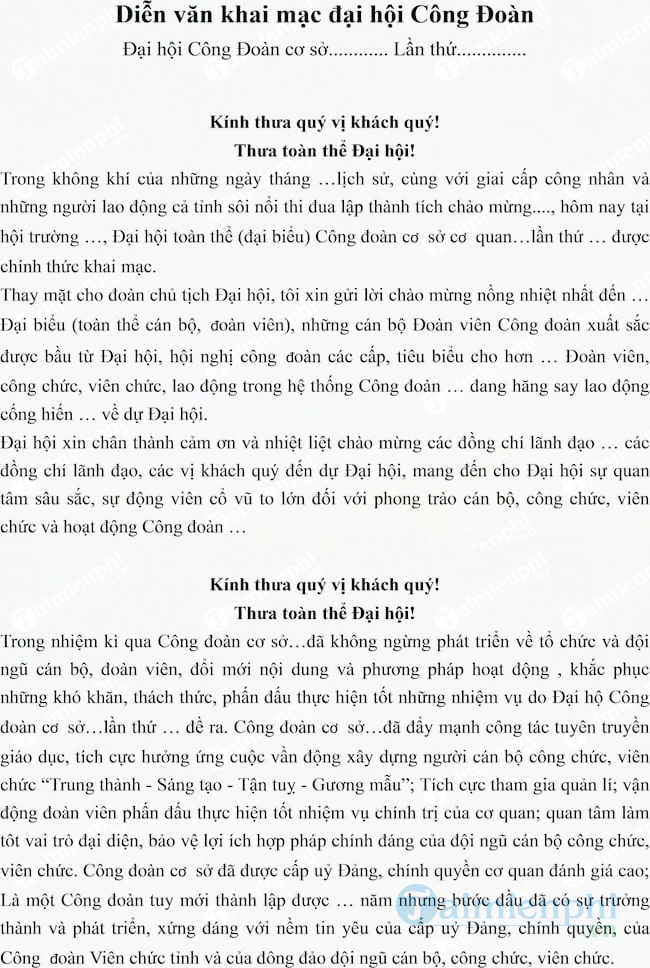 Mẫu diễn văn khai mạc đại hội Công Đoàn