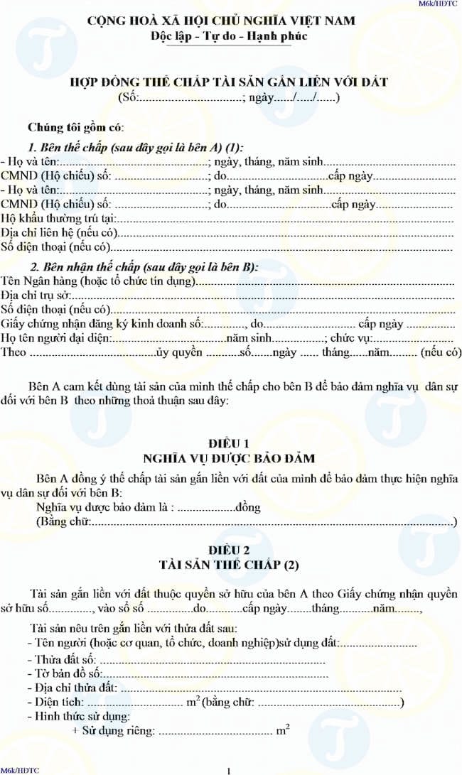 Mẫu hợp đồng thế chấp tài sản gắn liền với đất