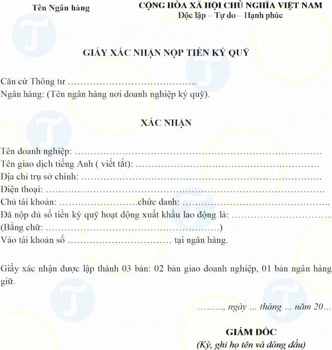 Mẫu giấy xác nhận ký quỹ tại ngân hàng