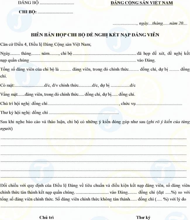 Mẫu biên bản họp chi bộ đề nghị kết nạp Đảng viên