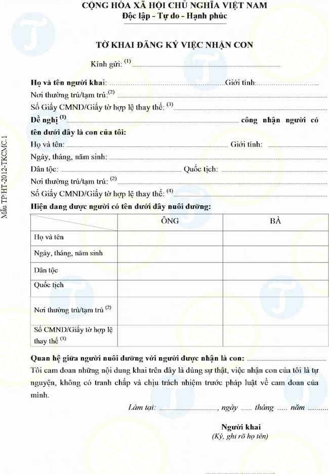 Mẫu tờ khai đăng ký việc nhận con