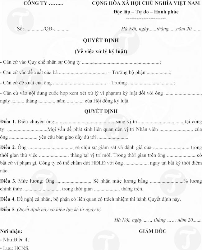 Mẫu quyết định kỷ luật