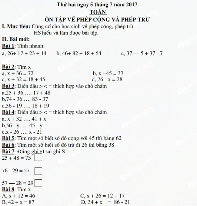 Bài tập ôn hè lớp 2 lên lớp 3