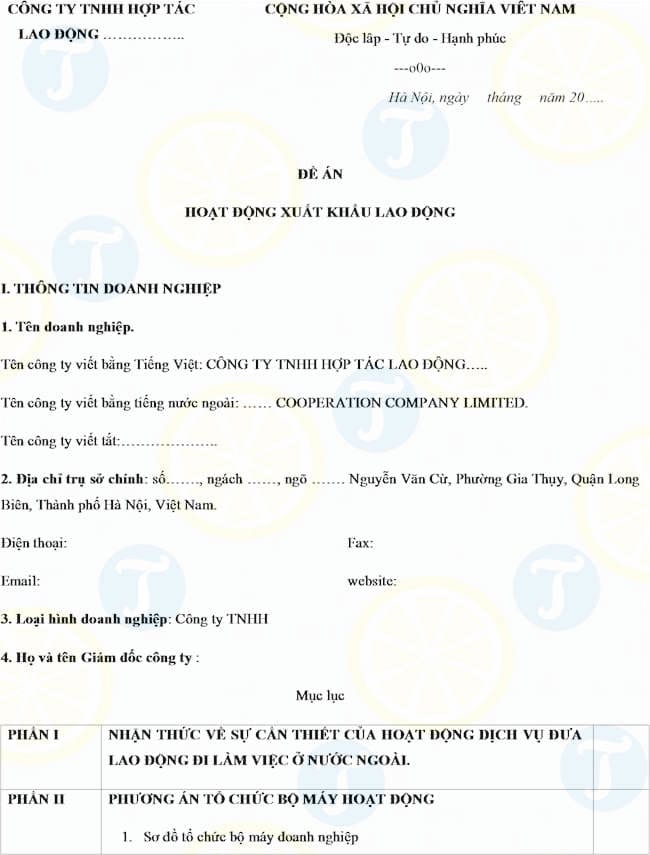 Mẫu đề án hoạt động xuất khẩu lao động