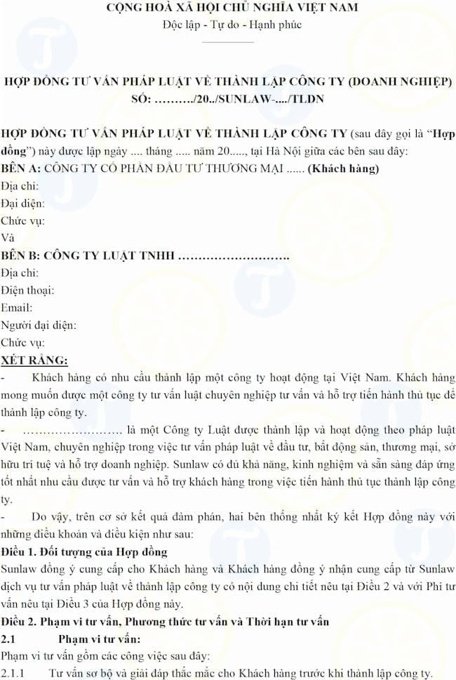 Mẫu hợp đồng tư vấn thành lập doanh nghiệp