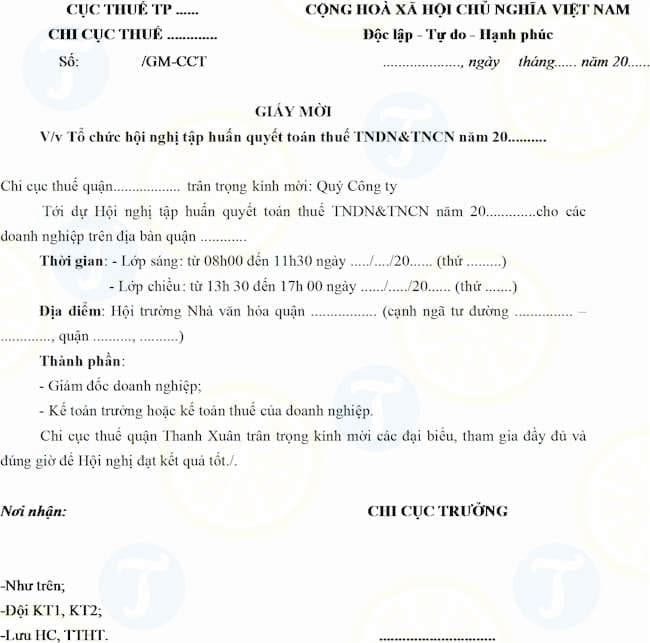 Mẫu giấy mời tập huấn quyết toán thuế