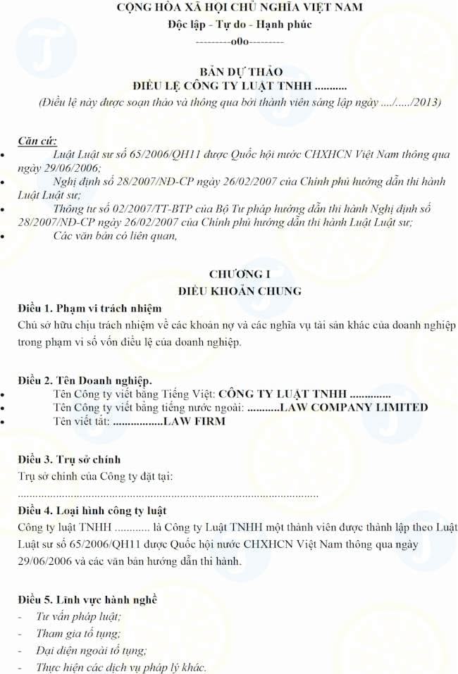 Mẫu điều lệ hoạt động của Công ty luật