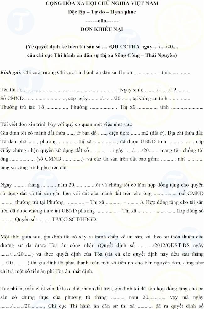 Mẫu đơn khiếu nại quyết định thi hành án