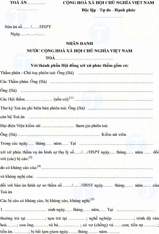 Mẫu bản án hình sự phúc thẩm