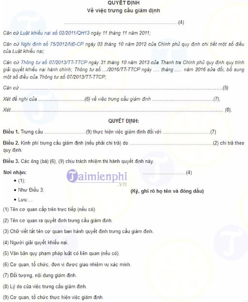 Mẫu quyết định trưng cầu giám định