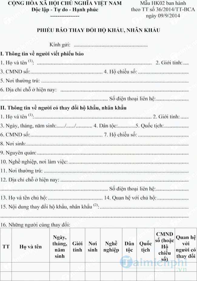 Mẫu phiếu báo thay đổi hộ khẩu nhân khẩu