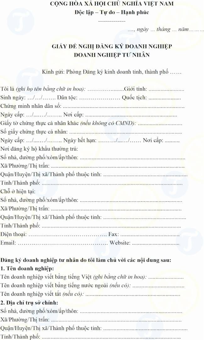 Mẫu giấy đề nghị thành lập doanh nghiệp tư nhân