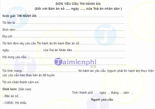 Mẫu đơn yêu cầu thi hành bản án