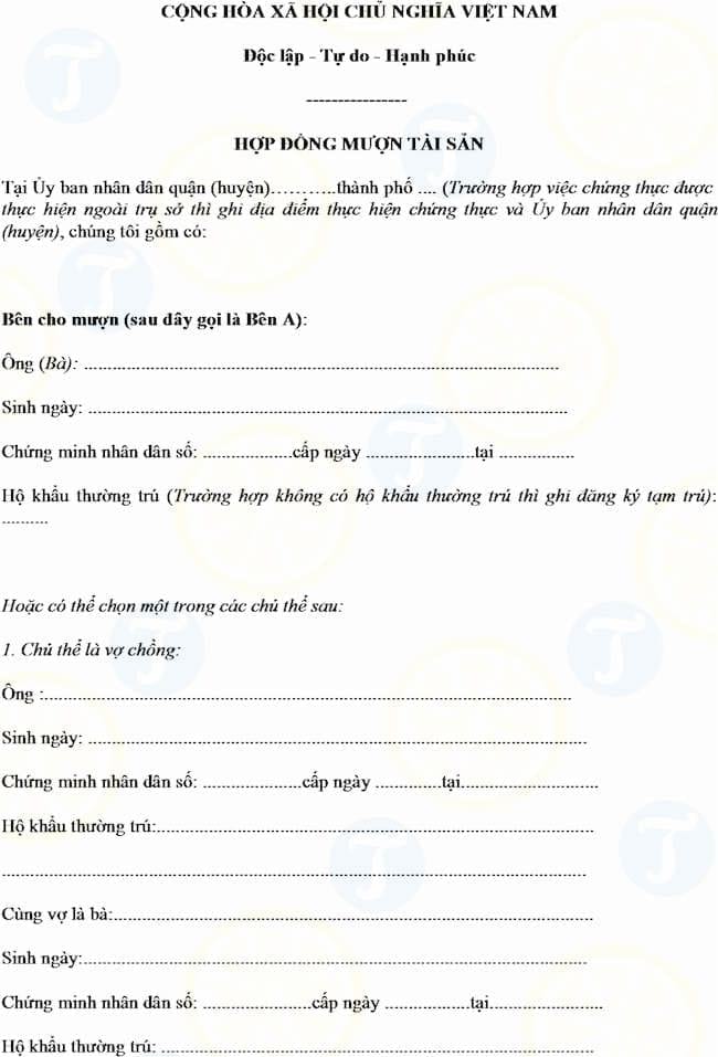 Mẫu hợp đồng mượn tài sản