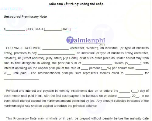 mau cam ket tra no khong the chap