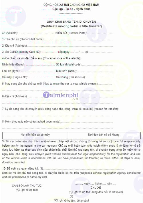 mau giay khai sang ten di chuyen xe may o to