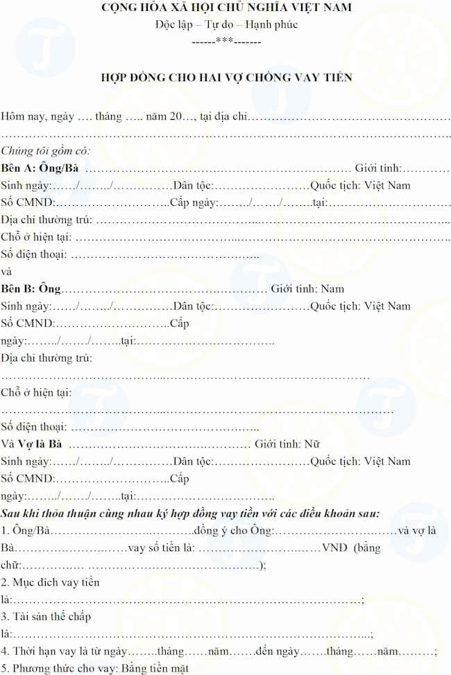 Mẫu hợp đồng cho hai vợ chồng vay tiền