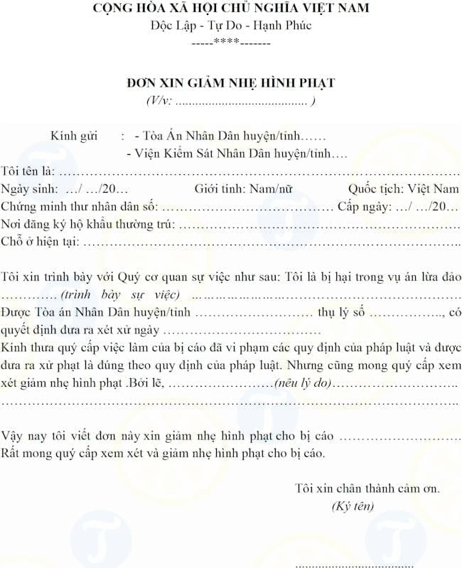 Mẫu đơn xin giảm nhẹ án phạt
