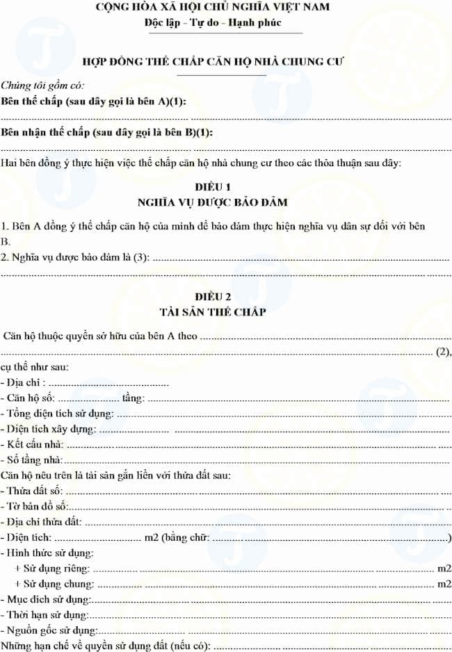 Mẫu hợp đồng thế chấp căn hộ chung cư
