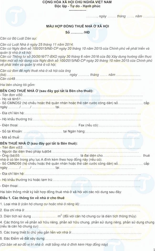 Mẫu hợp đồng thuê nhà ở xã hội