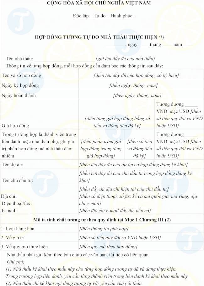 Mẫu hợp đồng tương tự do nhà thầu thực hiện