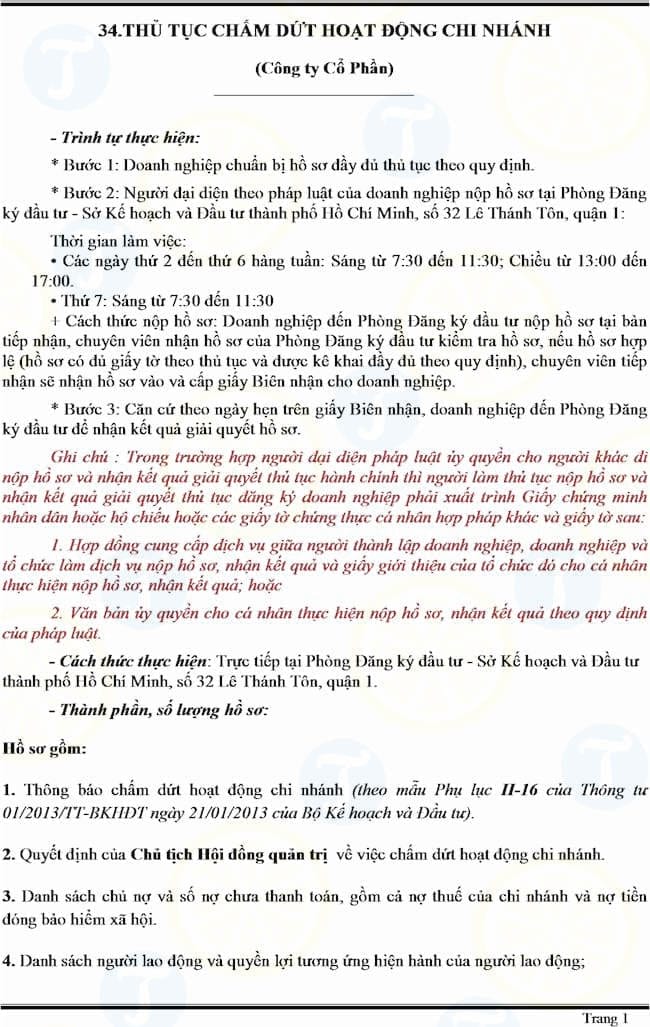 Mẫu hồ sơ chấm dứt hoạt động của chi nhánh