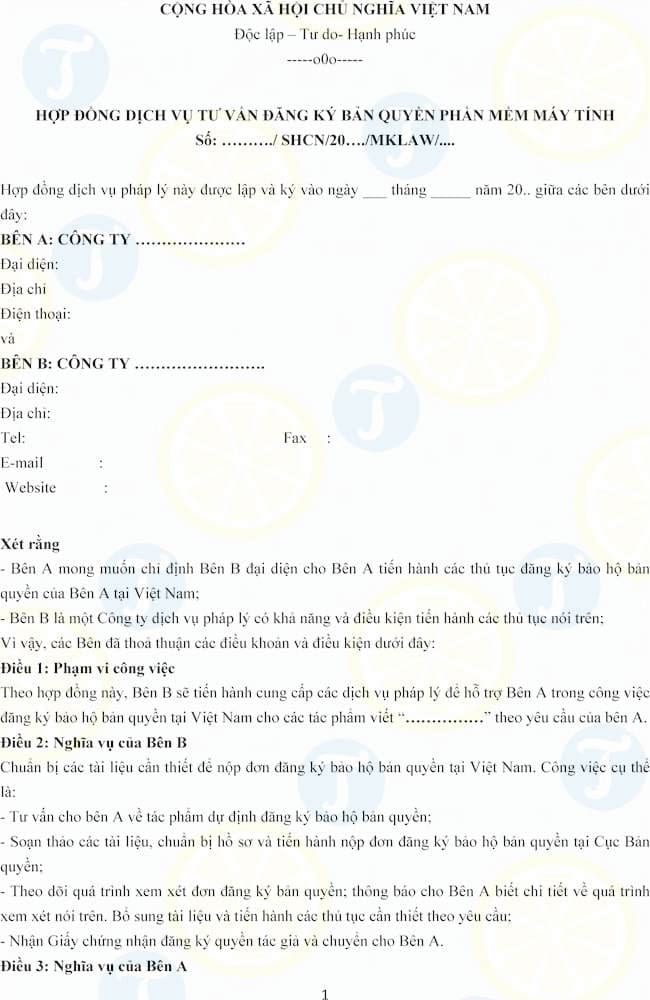 Mẫu hợp đồng đăng ký bản quyền phần mềm máy tính
