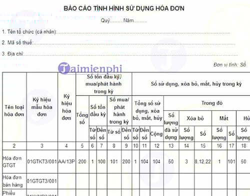 Mẫu báo cáo tình hình sử dụng hóa đơn