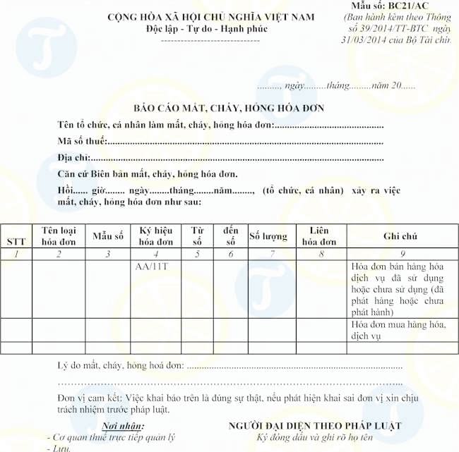 Mẫu Báo cáo mất, cháy, hỏng hóa đơn