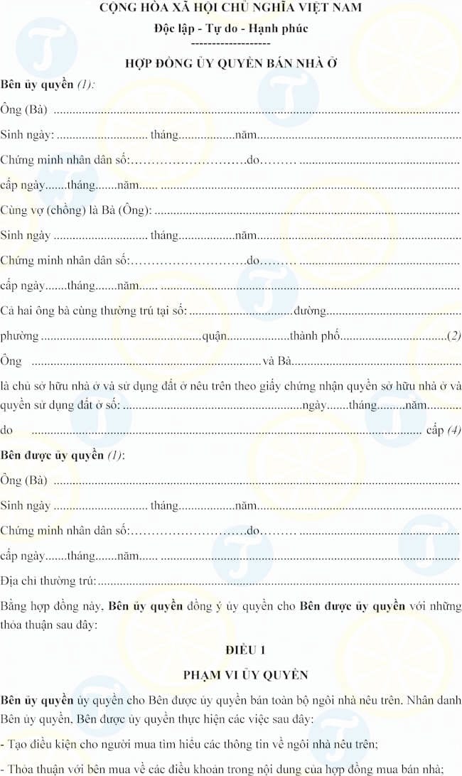 Mẫu hợp đồng ủy quyền bán nhà ở