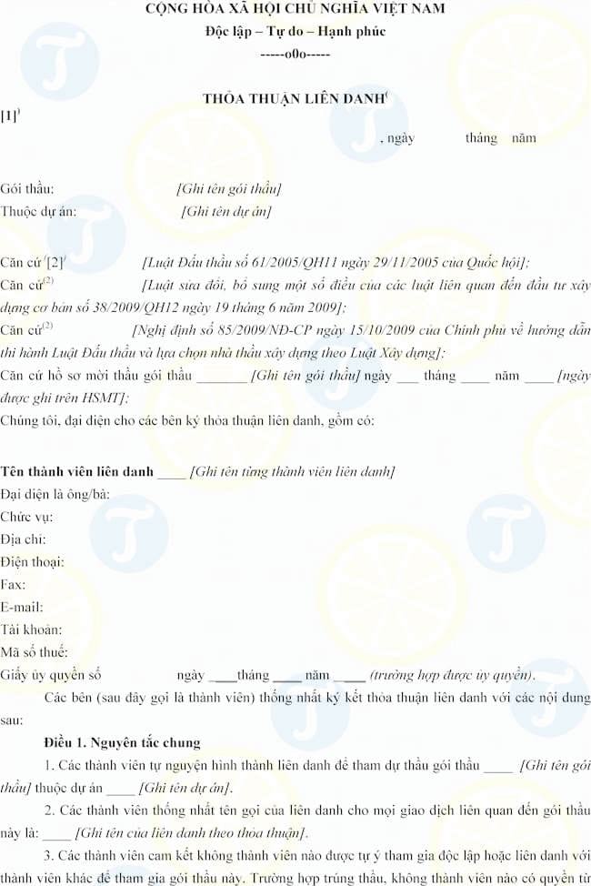 Mẫu thỏa thuận liên danh đấu thầu xây lắp