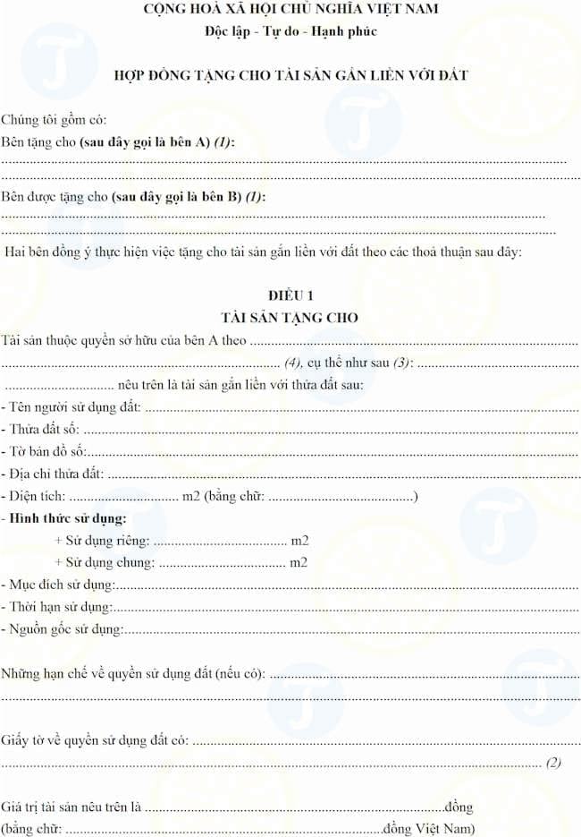 Mẫu hợp đồng tặng cho tài sản gắn liền với đất