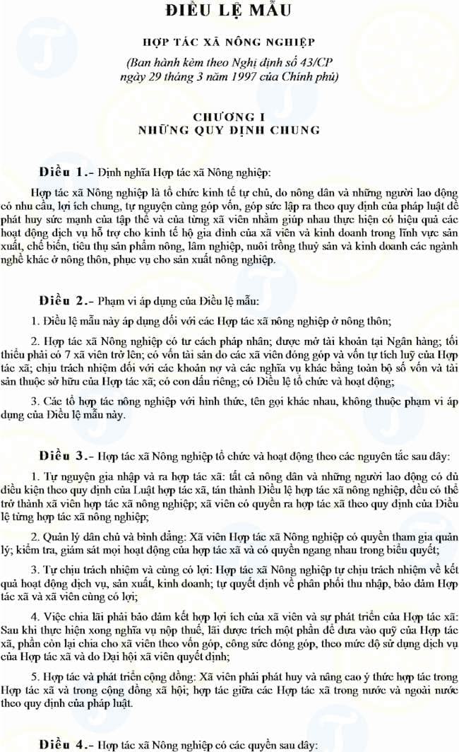 Điều lệ mẫu hợp tác xã nông nghiệp