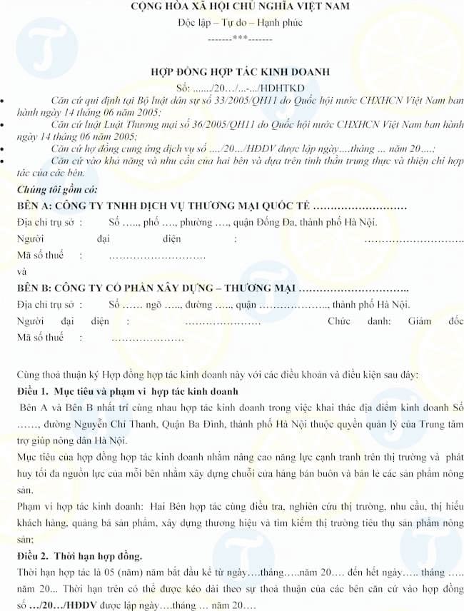 Mẫu hợp đồng hợp tác kinh doanh địa điểm