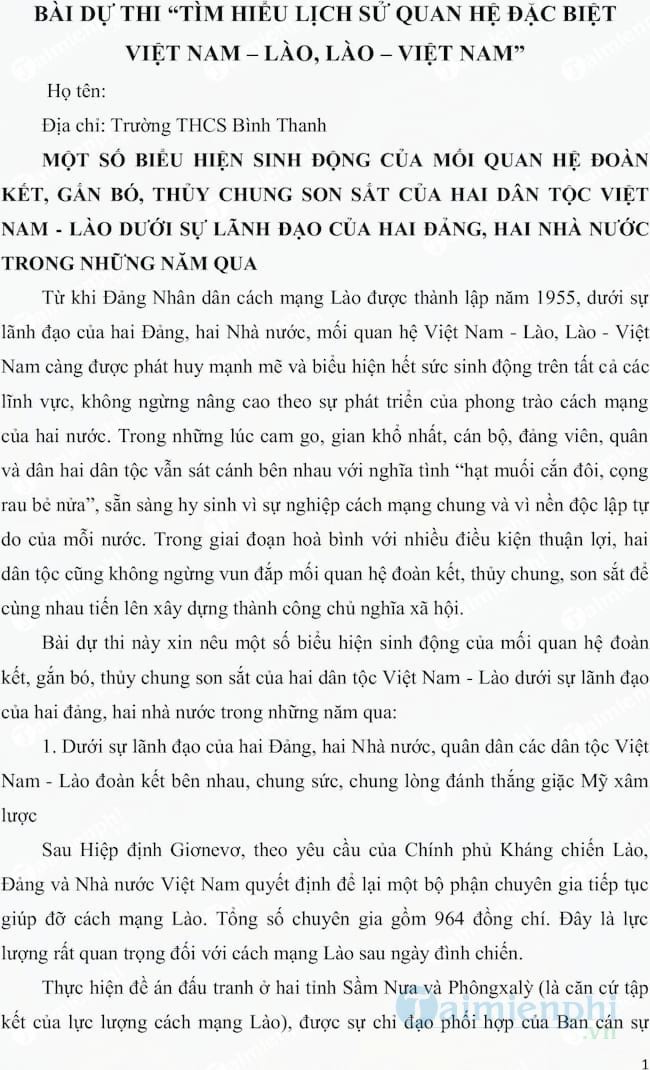 Bài dự thi tìm hiểu lịch sử quan hệ Việt Nam Lào