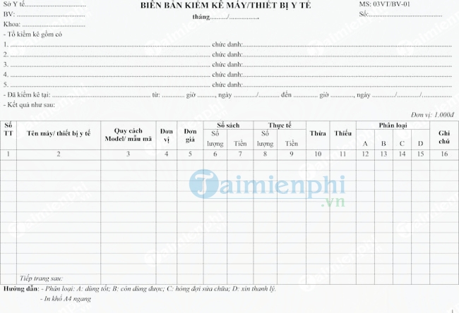 Mẫu biên bản kiểm kê máy, thiết bị y tế