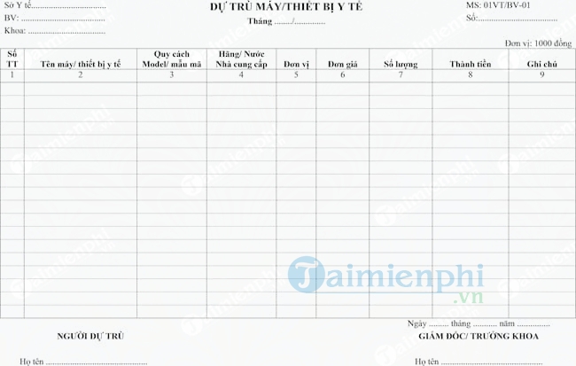 Mẫu phiếu dự trù máy, thiết bị y tế