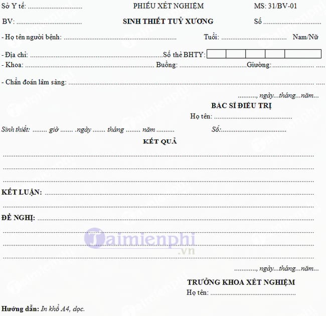 Mẫu phiếu xét nghiệm sinh thiết tủy xương