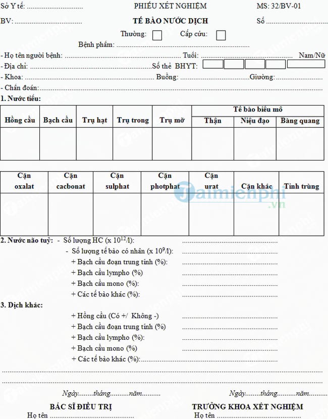 Mẫu phiếu xét nghiệm tế bào nước dịch