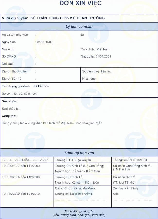 Mẫu CV dành cho nhân viên kế toán tổng hợp