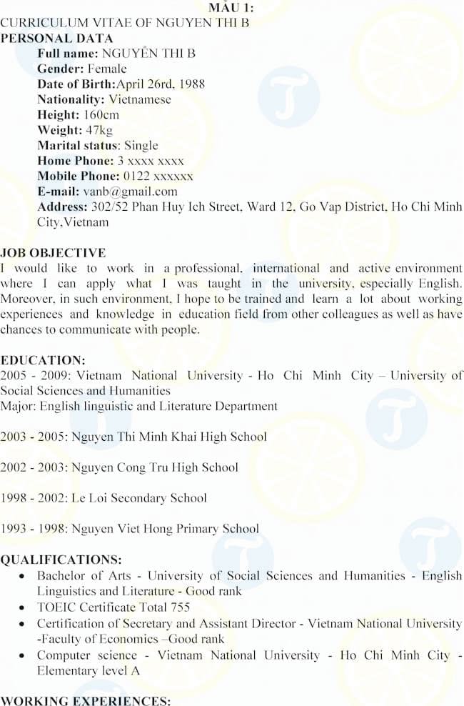 mau cv giao vien bang tieng anh