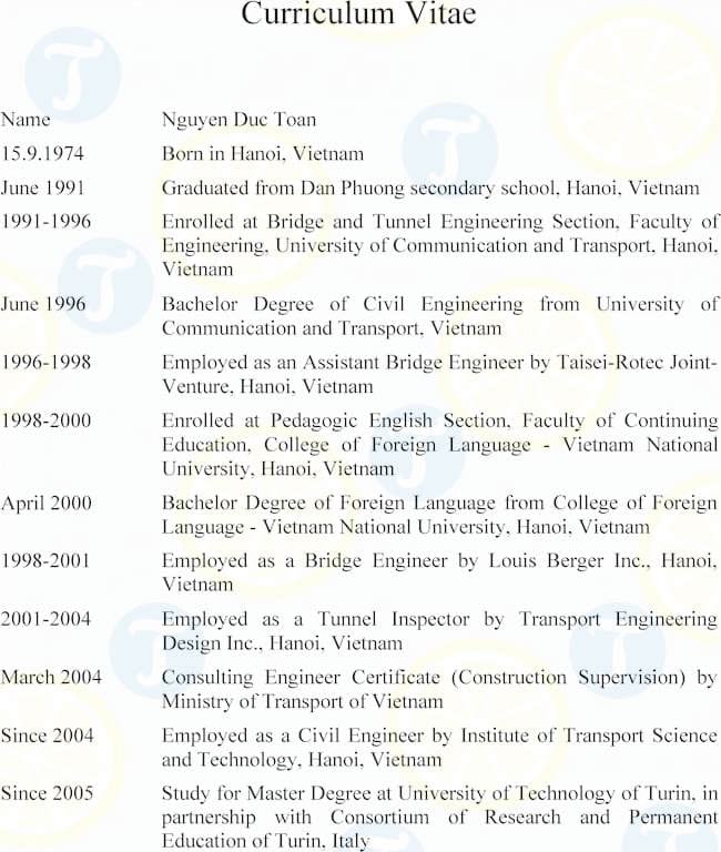 Mẫu CV kỹ sư cầu đường bằng tiếng anh