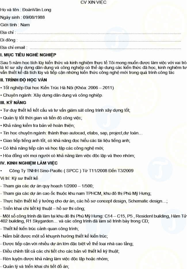 Mẫu CV xin việc dành cho kiến trúc sư