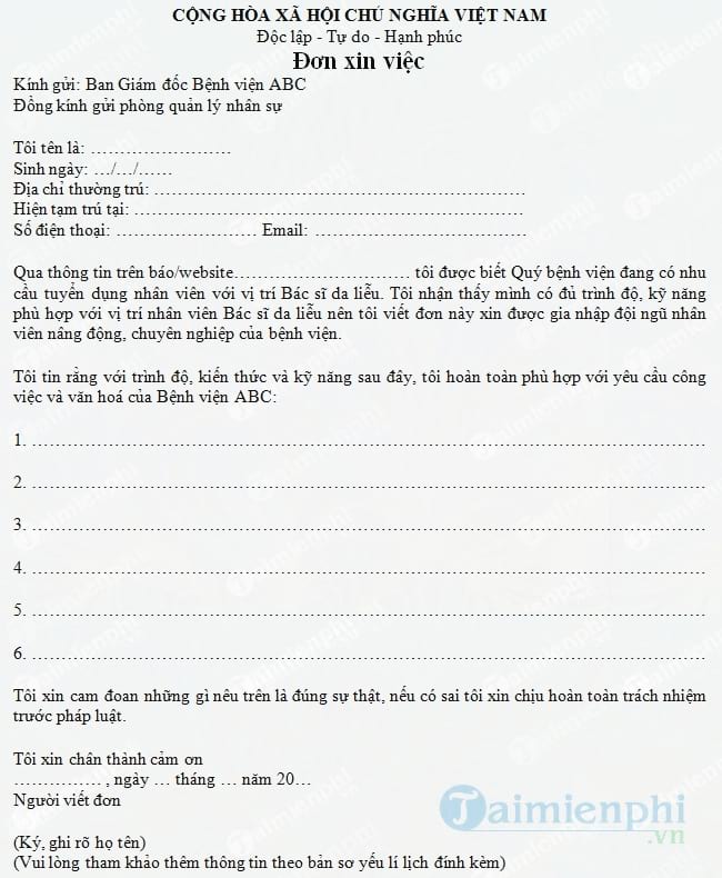 Đơn xin việc Bác sĩ da liễu