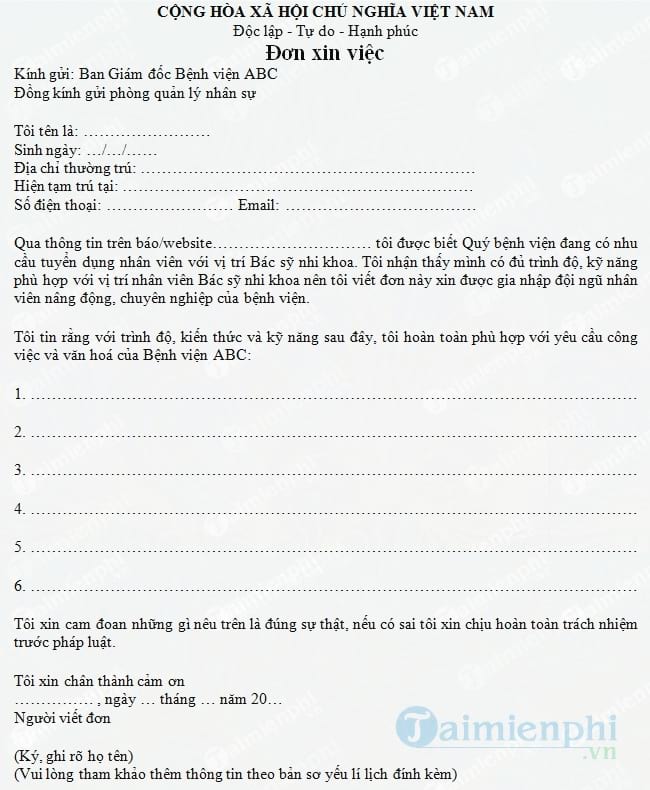 Đơn xin việc Bác sỹ Nhi khoa